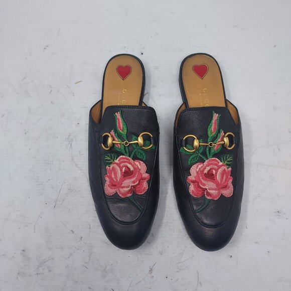 Gucci Black Horsebit Rose Floral Embroidery Princetown Slide Mule - Picture 9 of 12